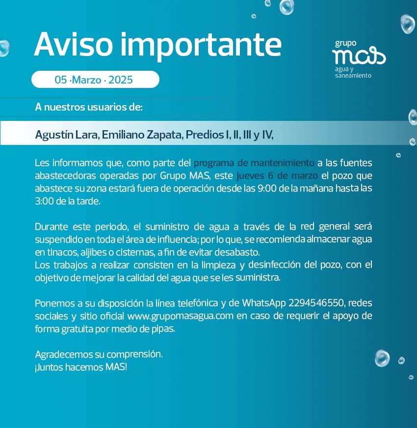 Suspenderán suministro de agua en colonias de Veracruz por mantenimiento