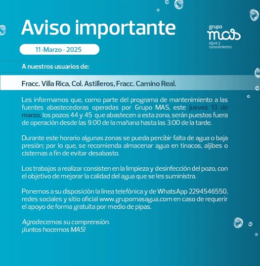 Por mantenimiento de pozos, se suspenderá servicio de agua en tres colonias de Veracruz este jueves
