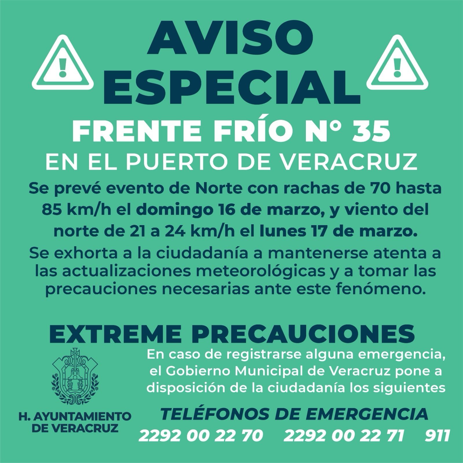 Aviso especial por el Frente Frío número 35 en el Puerto de Veracruz