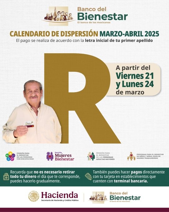 Inicia pago de programas del Bienestar para apellidos con “R” este 24 de marzo