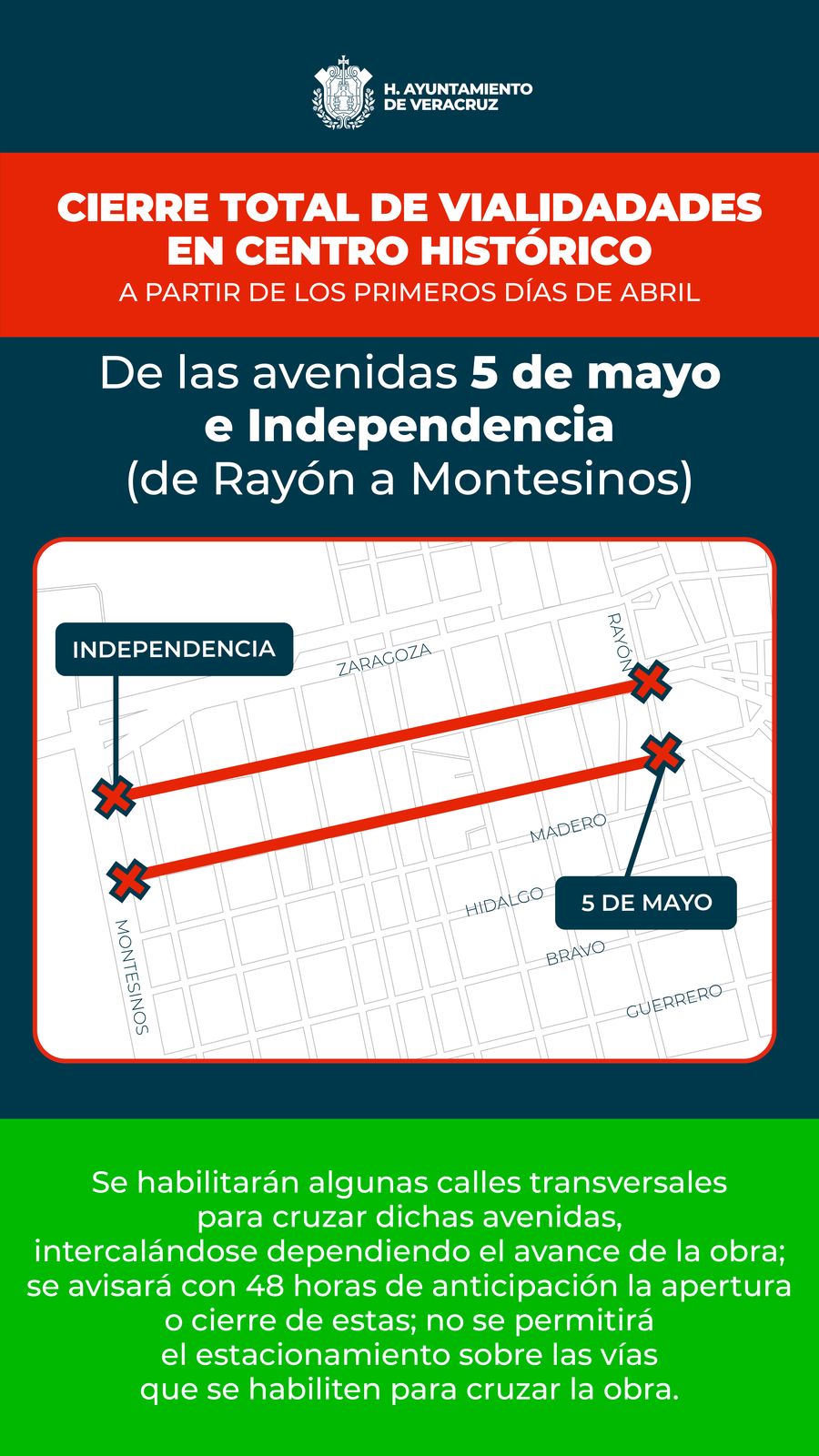 Habrá cierre vial en Independencia y 5 de Mayo, de Rayón a Montesinos, por obras del Centro Histórico