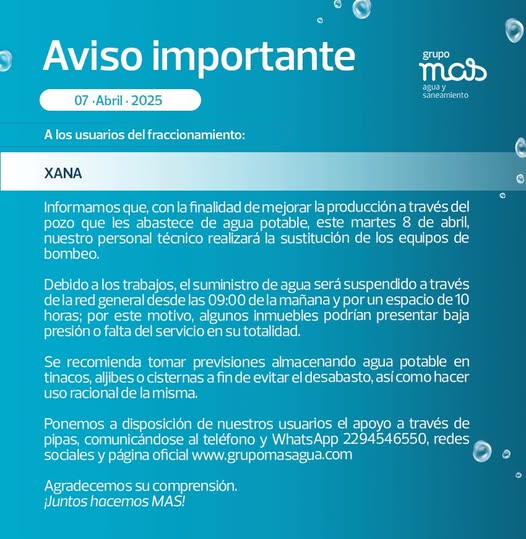 Grupo MAS informa sustitución de equipos de bombeo en el fraccionamiento Xana