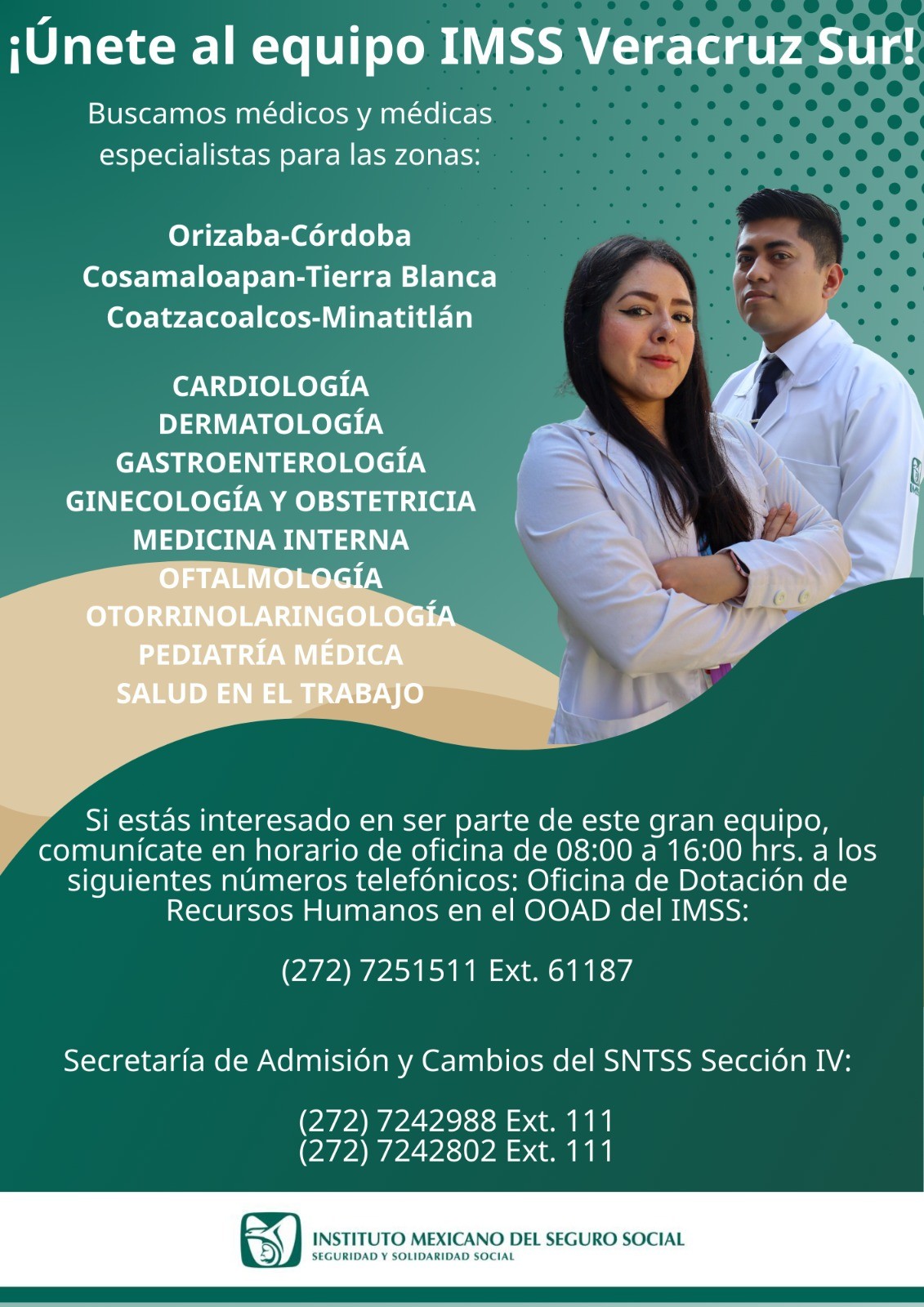 IMSS Veracruz Sur oferta 33 plazas de médicas y médicos especialistas