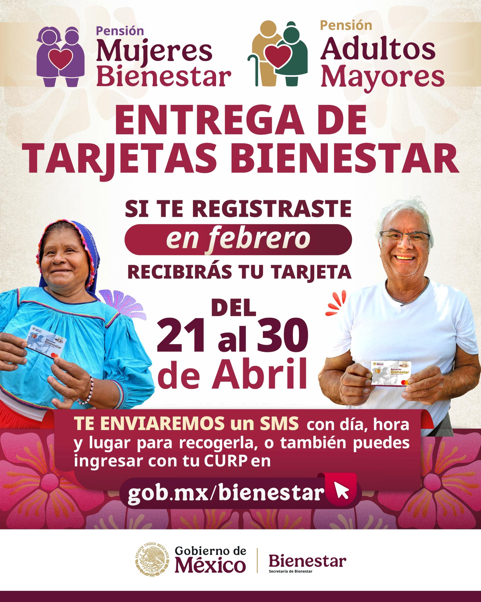 Del 21 al 30 de abril entrega de tarjetas de Pensiones Mujeres Bienestar y para Adultos Mayores