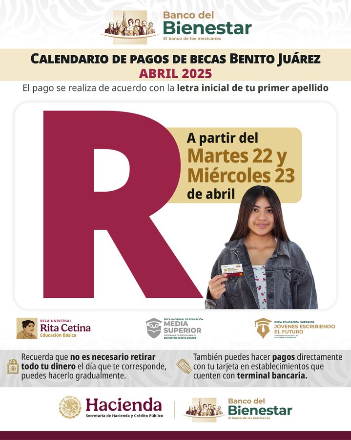 Continúa pago de becas Bienestar para apellidos que inicien con R