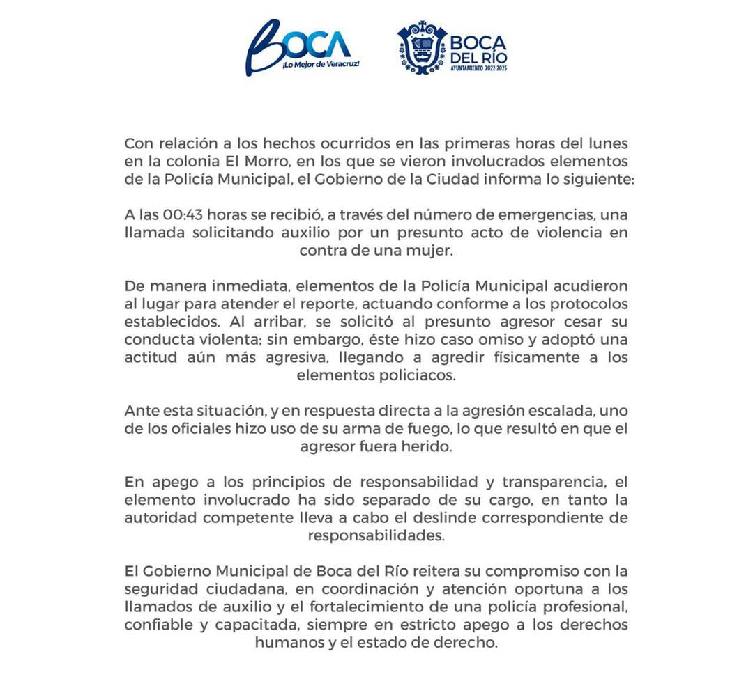 Separan de su cargo a policía de Boca del Río tras disparar contra presunto agresor en colonia El Morro