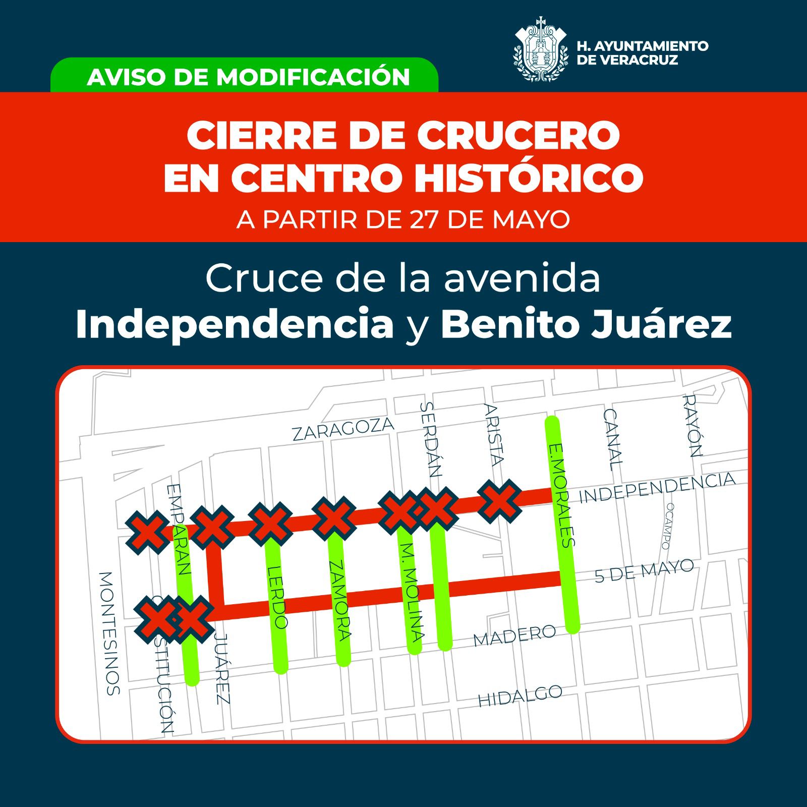 Habrá cierre temporal del crucero de Independencia y Juárez en el Centro Histórico a partir de este martes