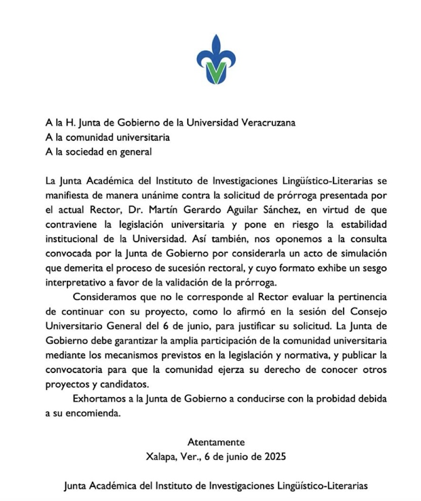¿Qué postura asumió el Instituto de Investigaciones Lingüístico-Literarias sobre la prórroga al rector de la UV?