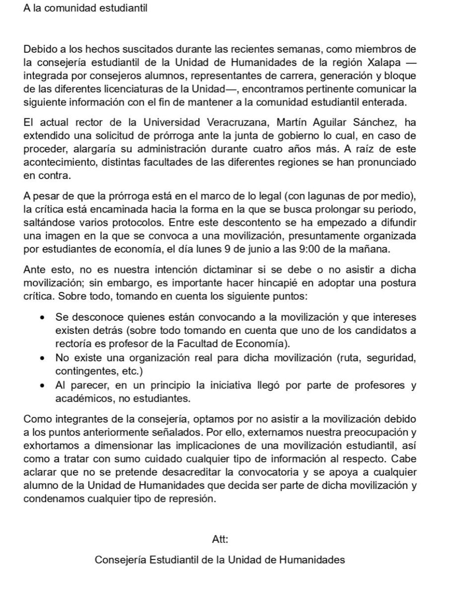 Estudiantes de Humanidades se deslindan de protesta contra prórroga del rector en la UV