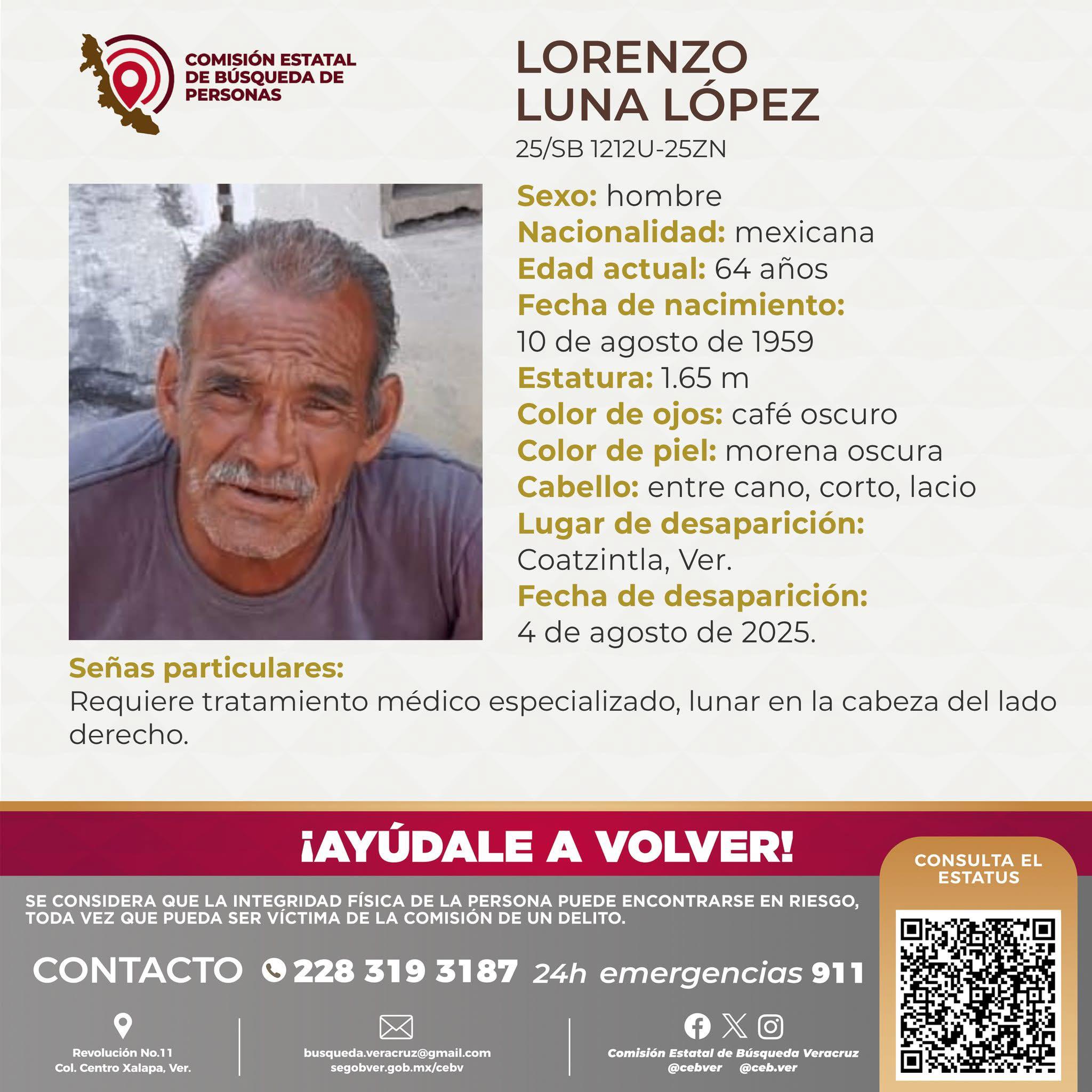 Lorenzo Luna, de 64 años, salió de su casa hace 11 días en Coatzintla y ya no regresó