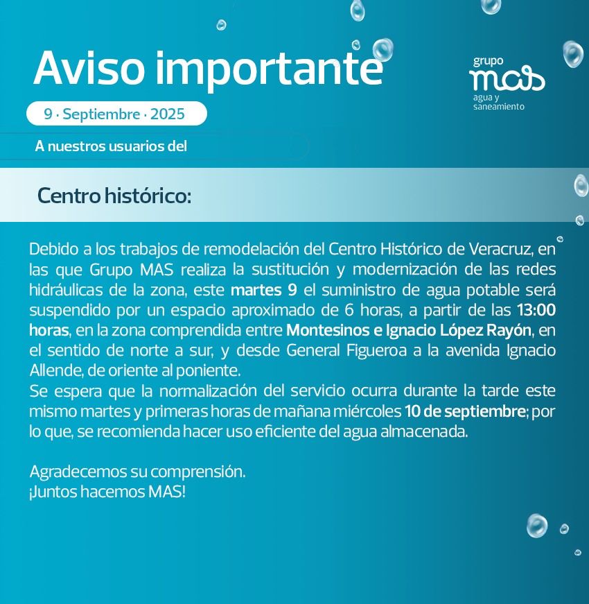 Corte de agua este 9 de septiembre en el Centro Histórico de Veracruz por obras de Grupo MAS