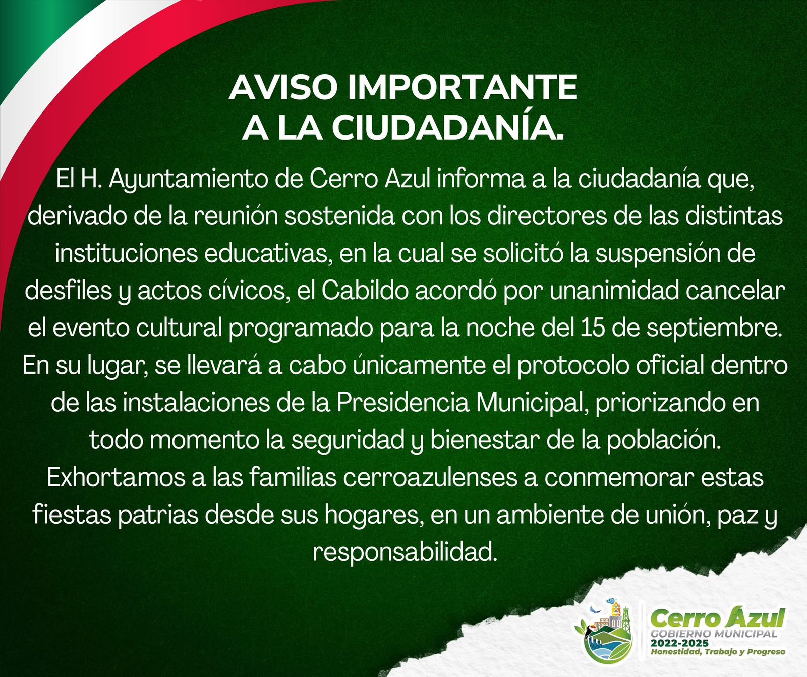 Cerro Azul cancela Grito y desfile de independencia, ya son dos municipios en Veracruz