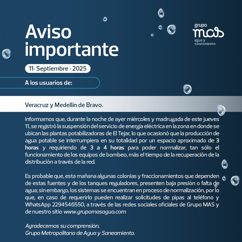 Suspensión eléctrica afecta suministro de agua en Veracruz y Medellín de Bravo