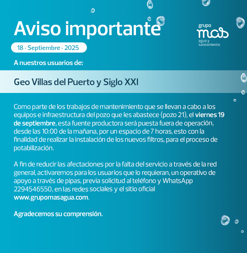 Geo Villas del Puerto y Siglo XXI tendrán corte de agua este viernes por mantenimiento