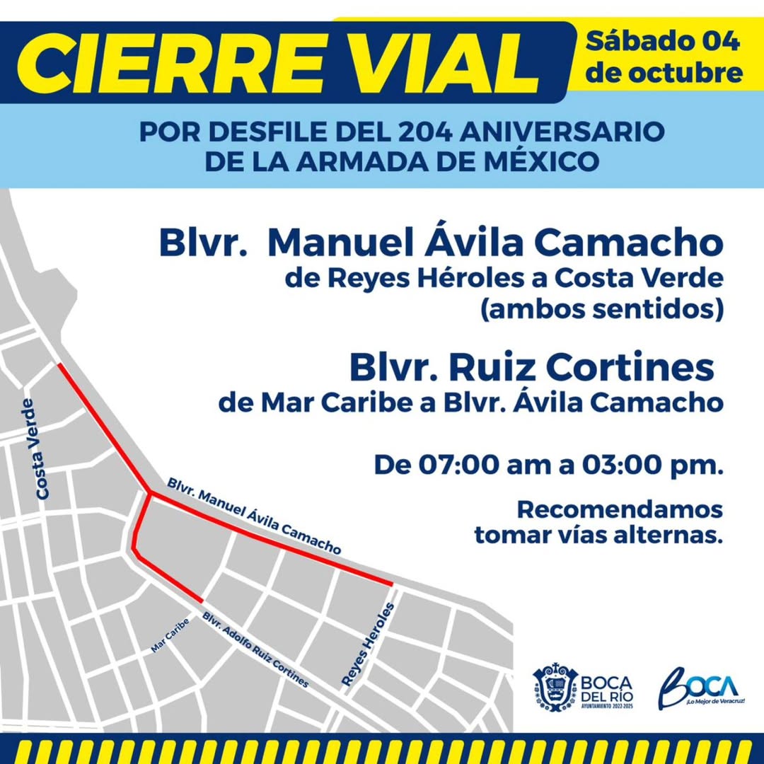 Cierre vial en Veracruz por desfile de la Armada este 4 de octubre