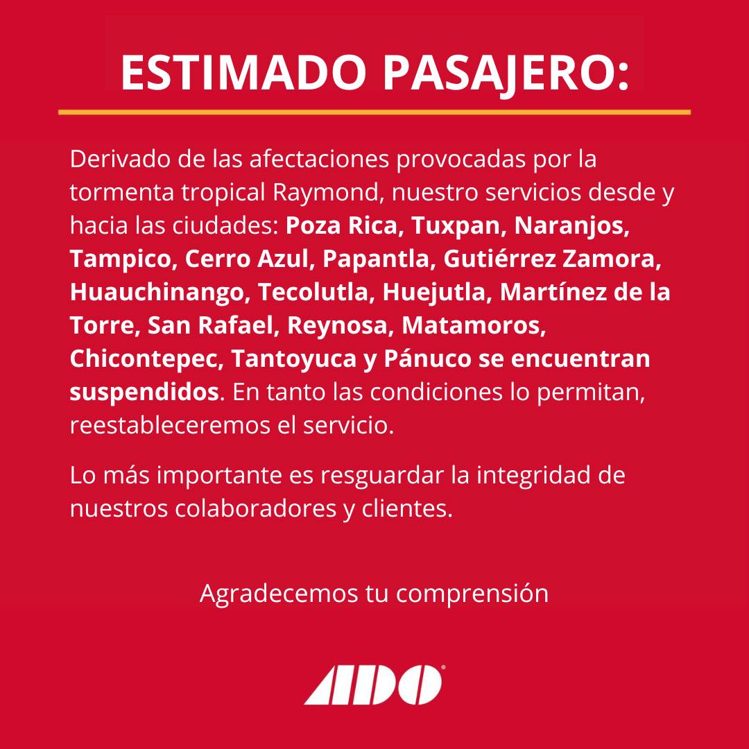 ADO suspende corridas al norte de Veracruz por afectaciones por lluvias