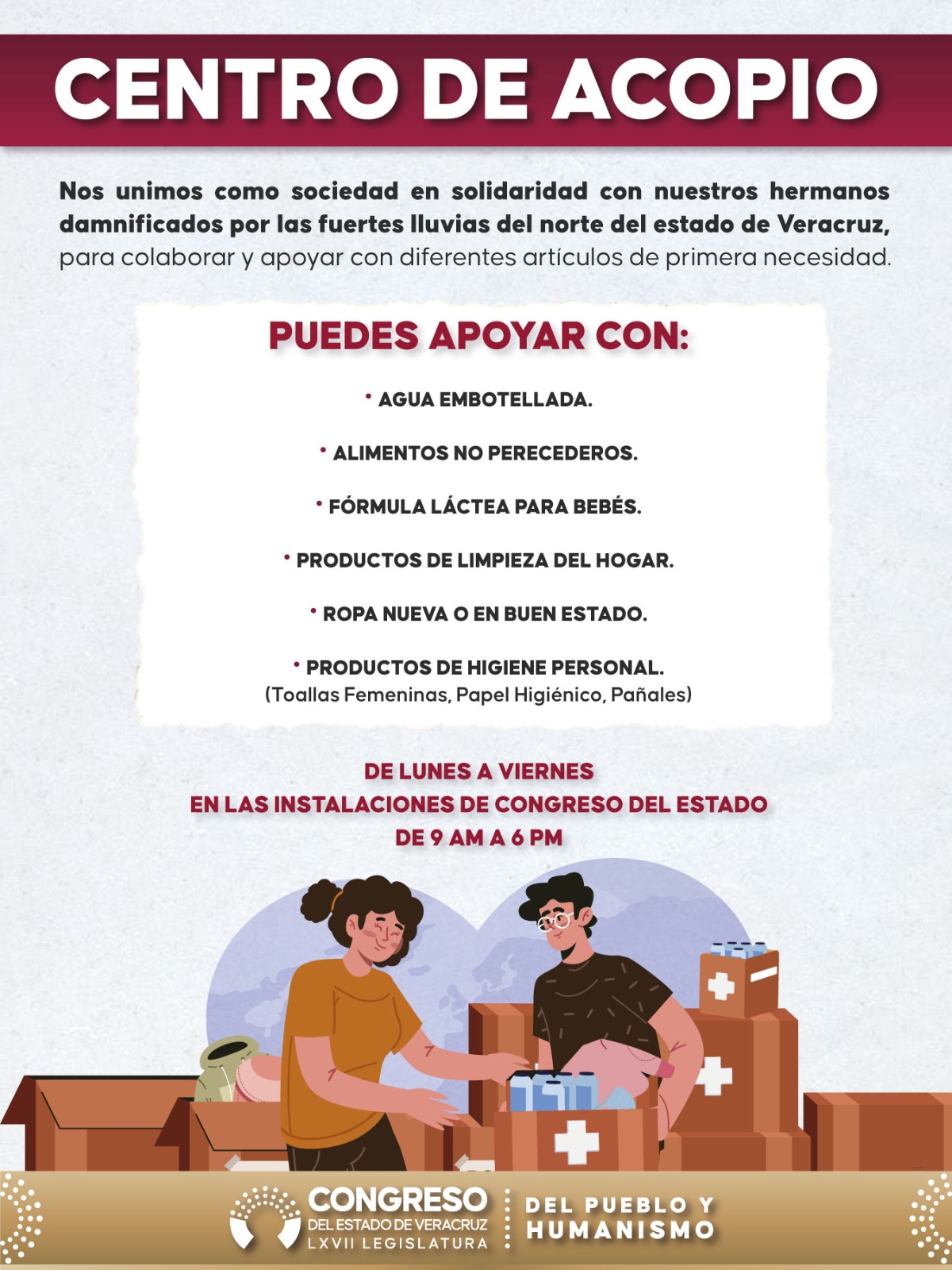 Abre Congreso Centro de Acopio para apoyar a damnificados del norte del estado