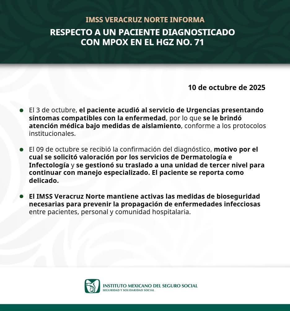 IMSS confirma caso de MPOX en el Hospital General de Zona 71 de la ciudad de Veracruz