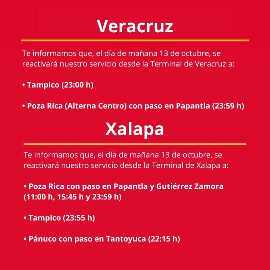 ADO reanuda corridas desde Xalapa y Veracruz al norte del estado y Tamaulipas