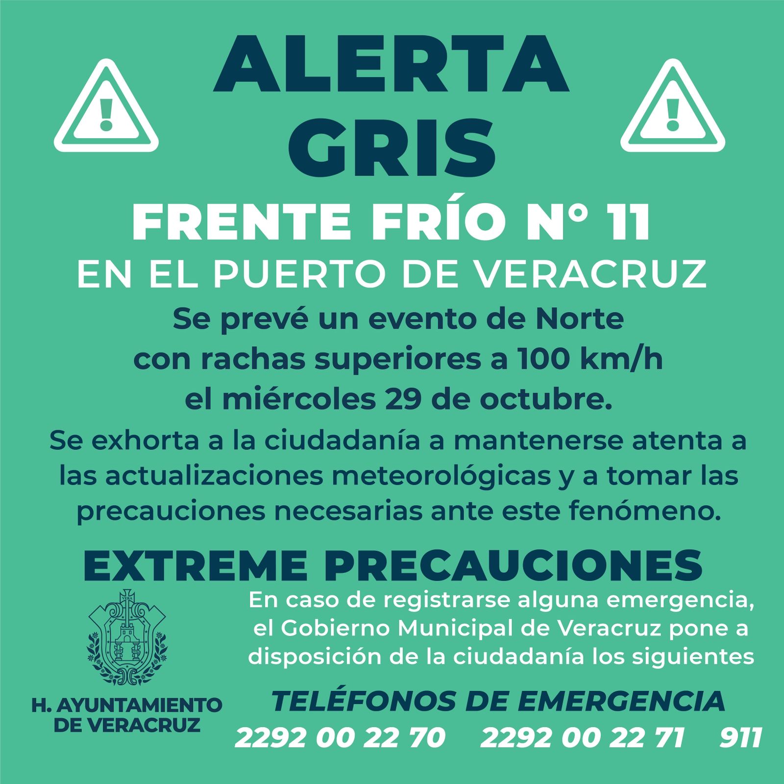 Alerta Gris por Frente Frío número 11 en el puerto de Veracruz y Boca del Río