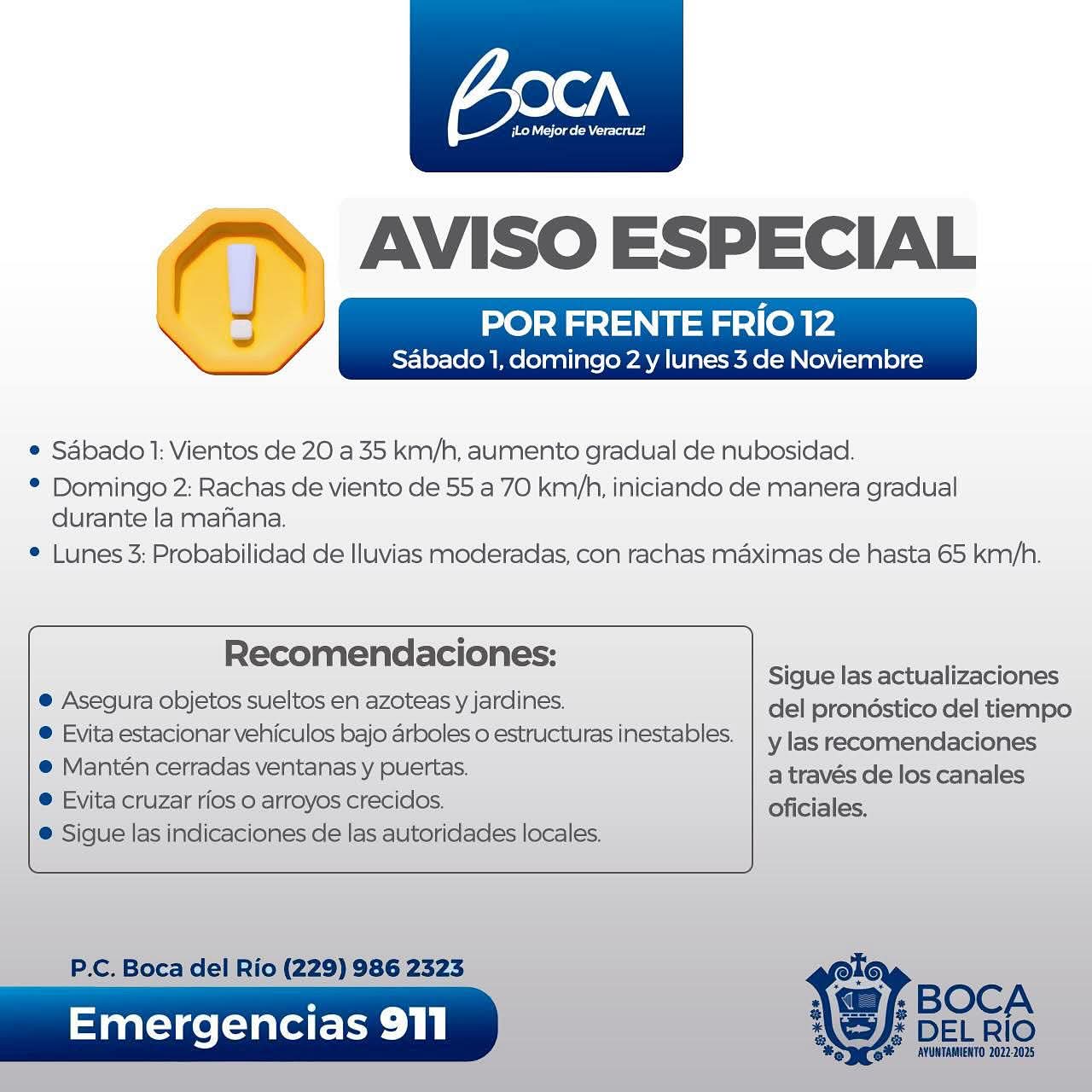 Emiten autoridades de Boca del Río aviso especial por el frente frío número 12