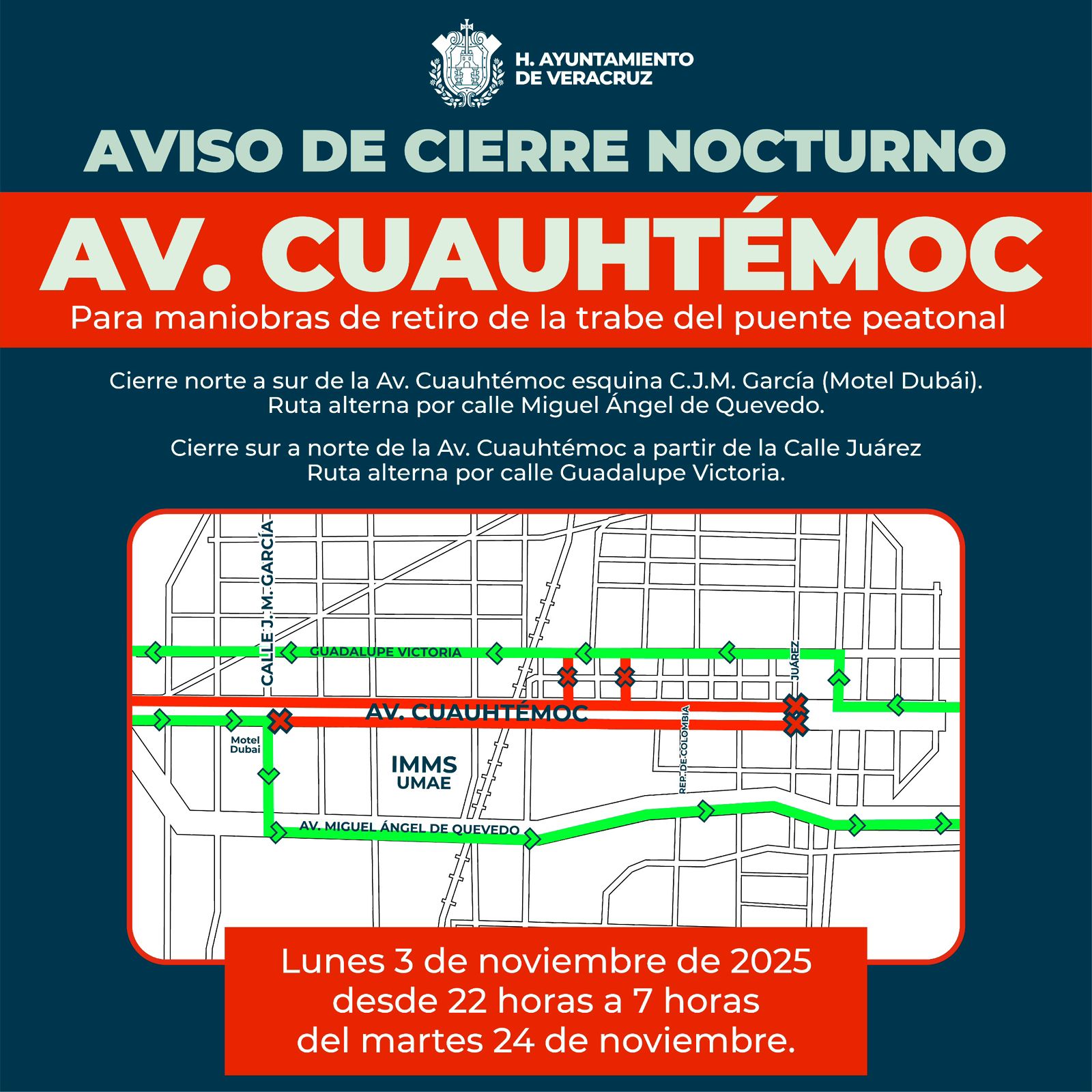 Cierre nocturno temporal en avenida Cuauhtémoc por maniobras de colocación de trabe en puente peatonal del IMSS