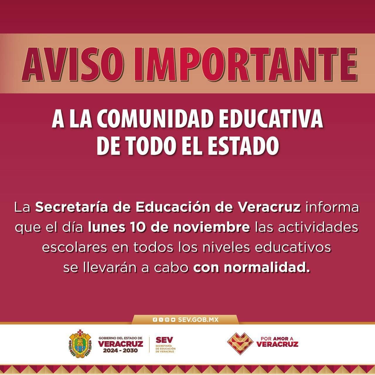 SEV descarta suspensión de clases este lunes, UV cancela actividades