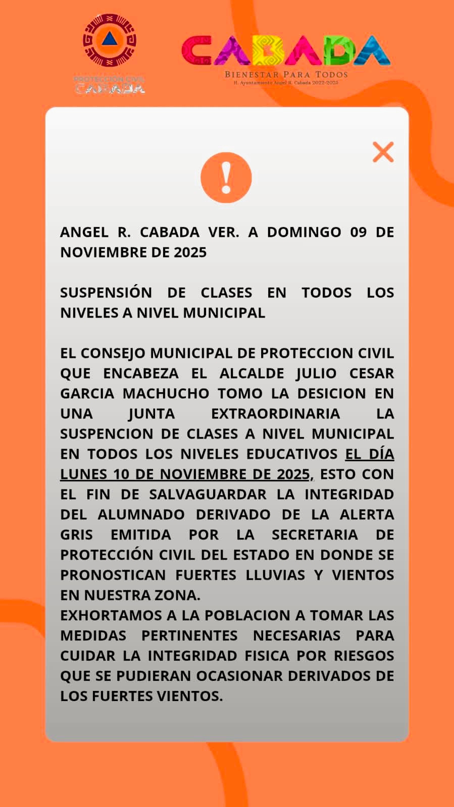 Suspenden clases en todos los niveles en Ángel R. Cabada por efectos del frente frío número 13