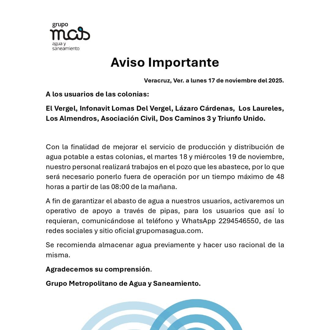Corte de agua por 48 horas en colonias del Vergel en Veracruz