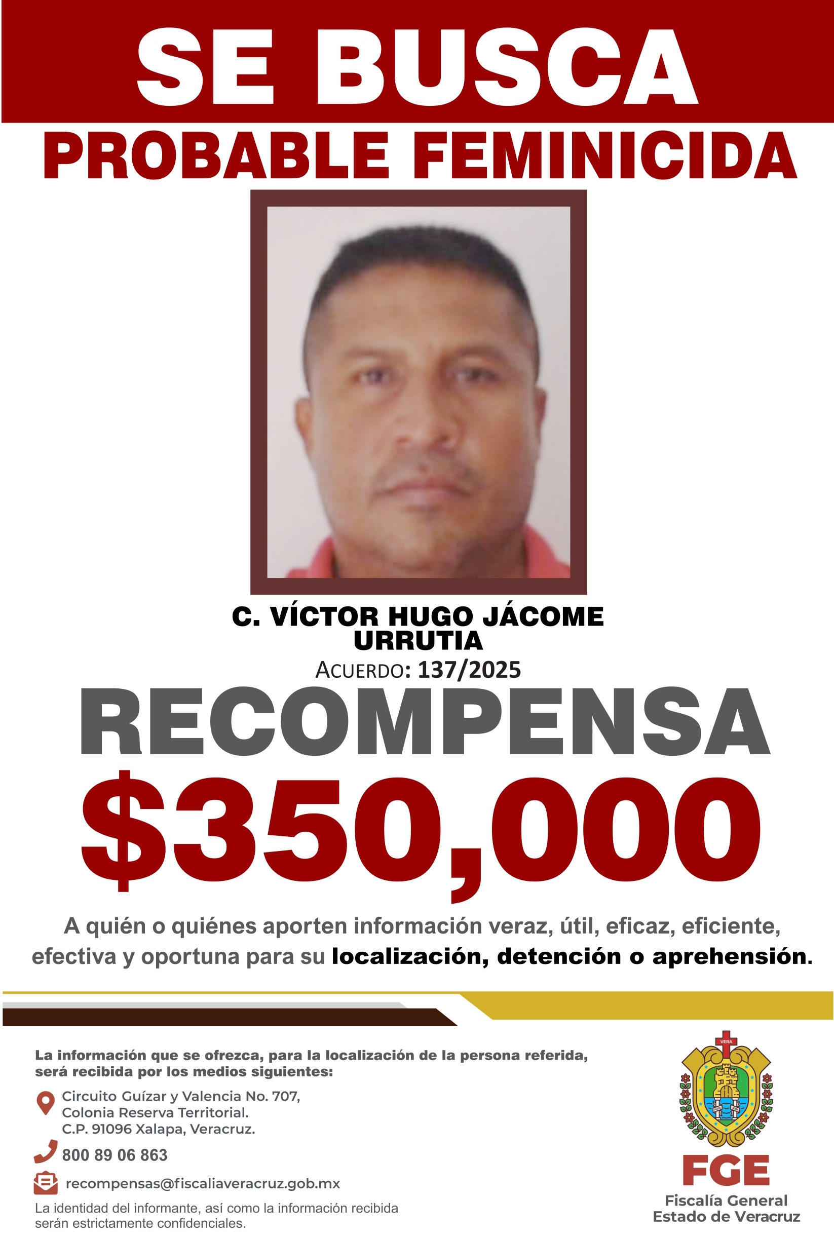 FGE ofrece recompensa para localizar a presunto feminicida requerido por juez de Veracruz