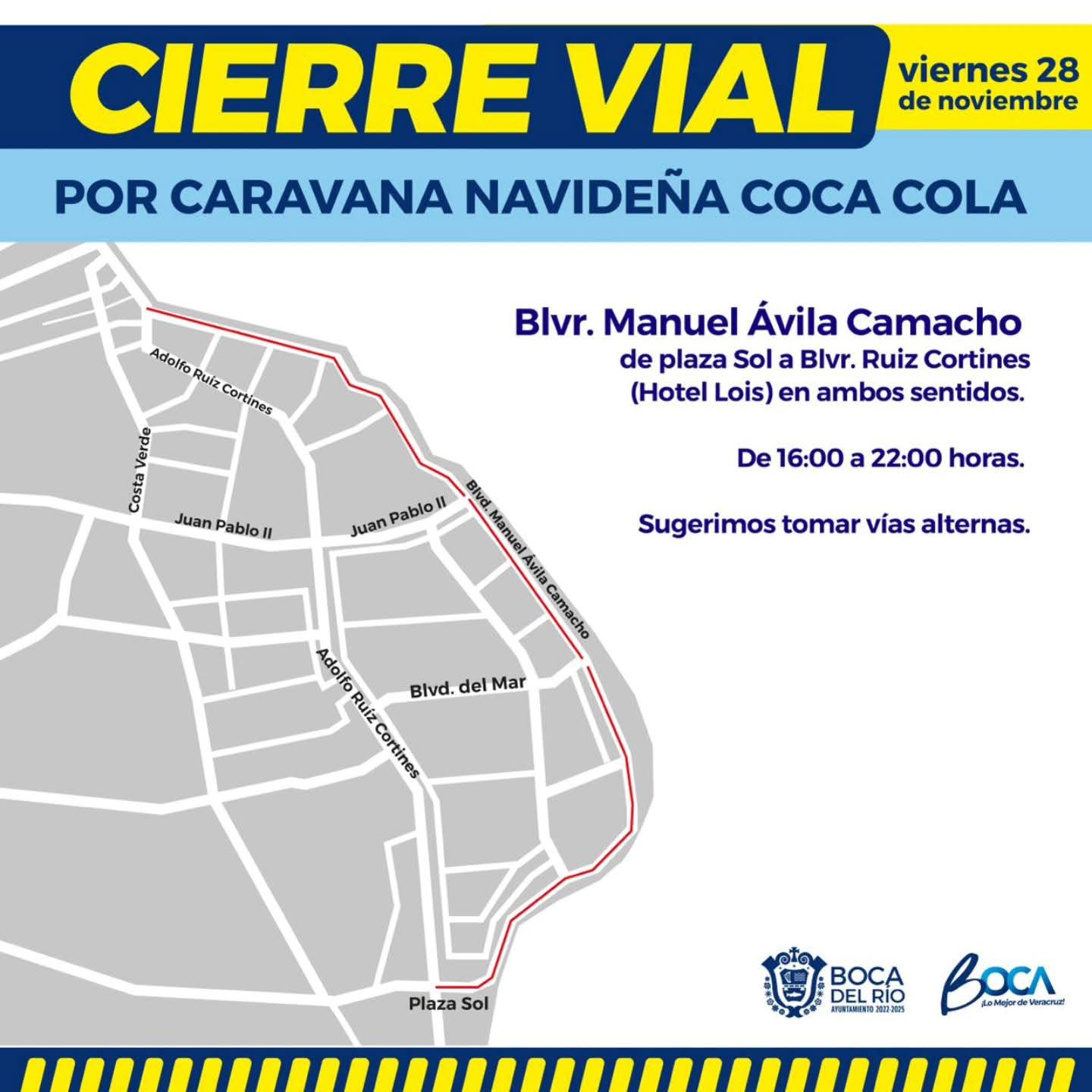 Habrá cierre vial en el bulevar Ávila Camacho en Boca del Río por la Caravana Navideña