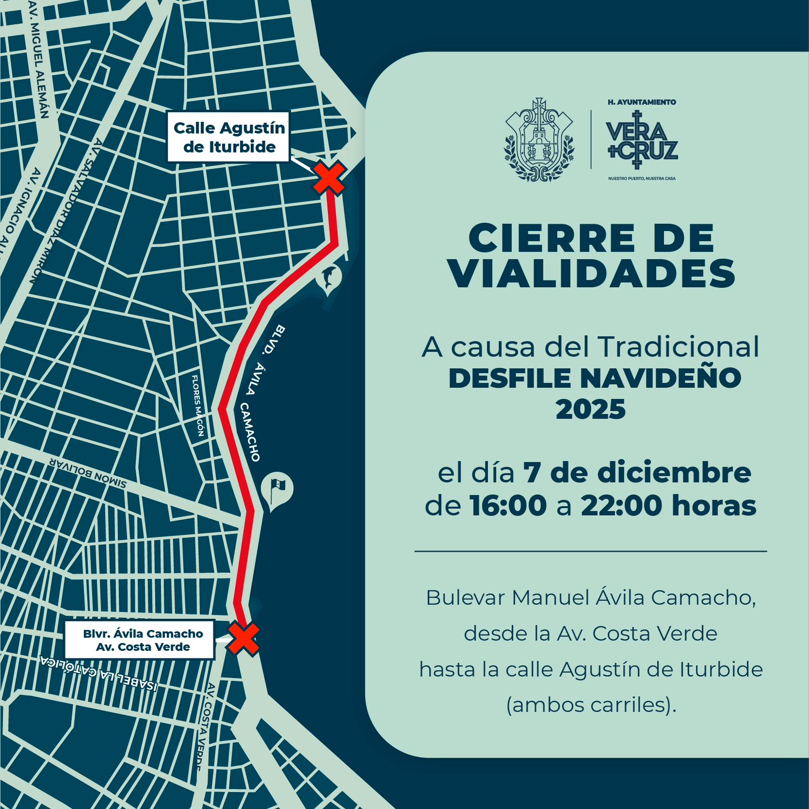 Cierre del bulevar Ávila Camacho por el Maratón Veracruz–Boca del Río y el Tradicional Desfile Navideño 2025
