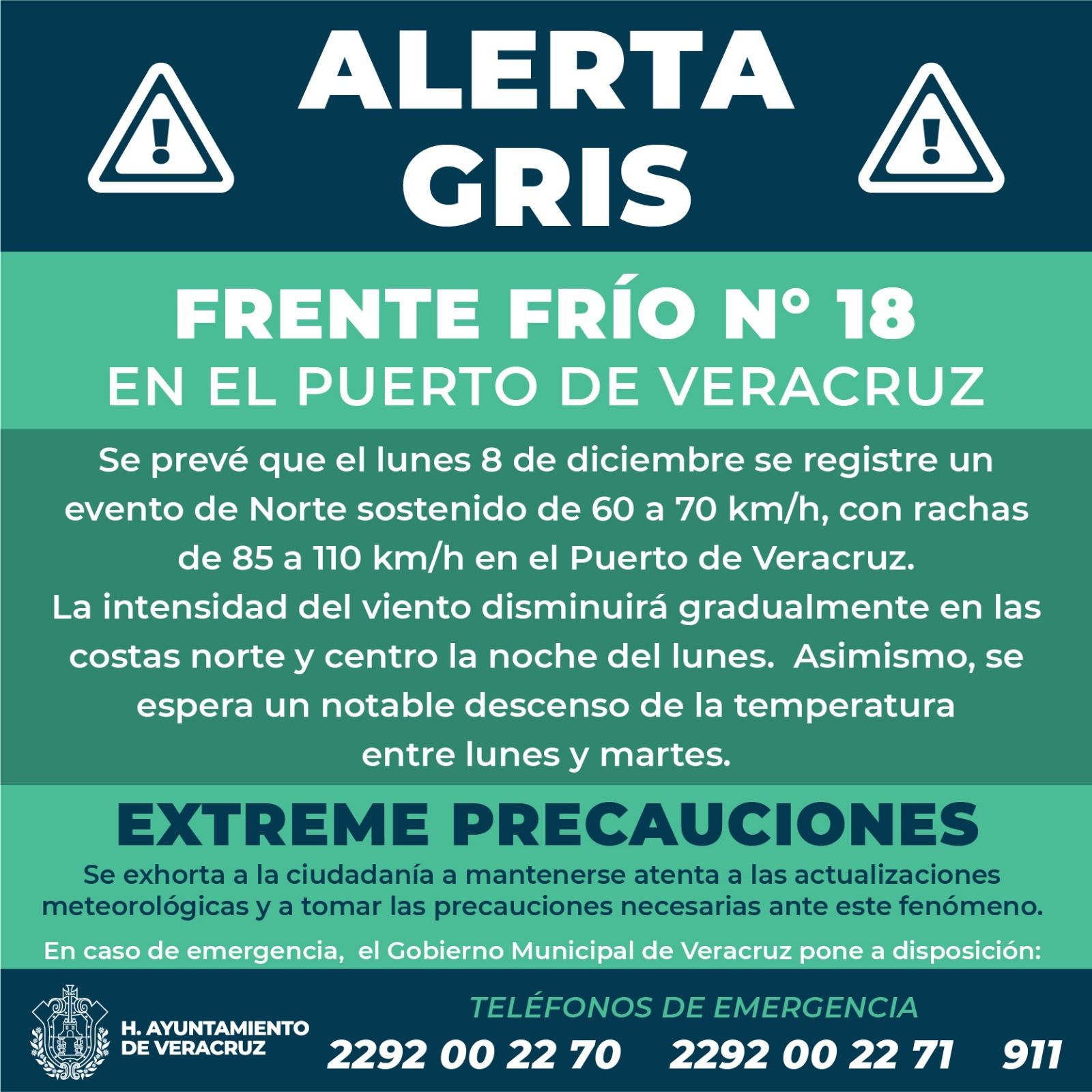 Alerta Gris por el Frente Frío número 18 en el Puerto de Veracruz