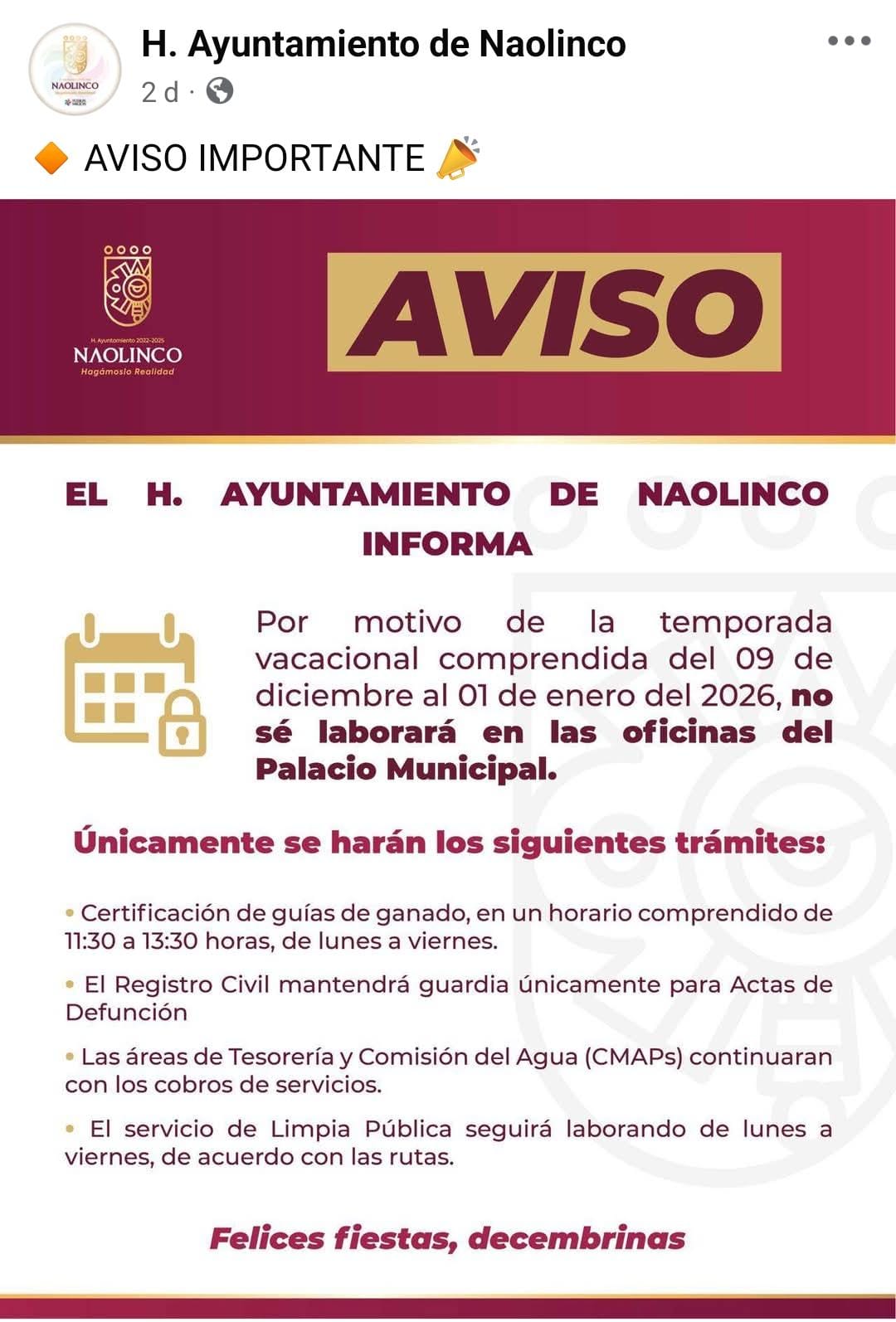 Ayuntamiento de Naolinco suspende labores tres semanas antes de concluir el año
