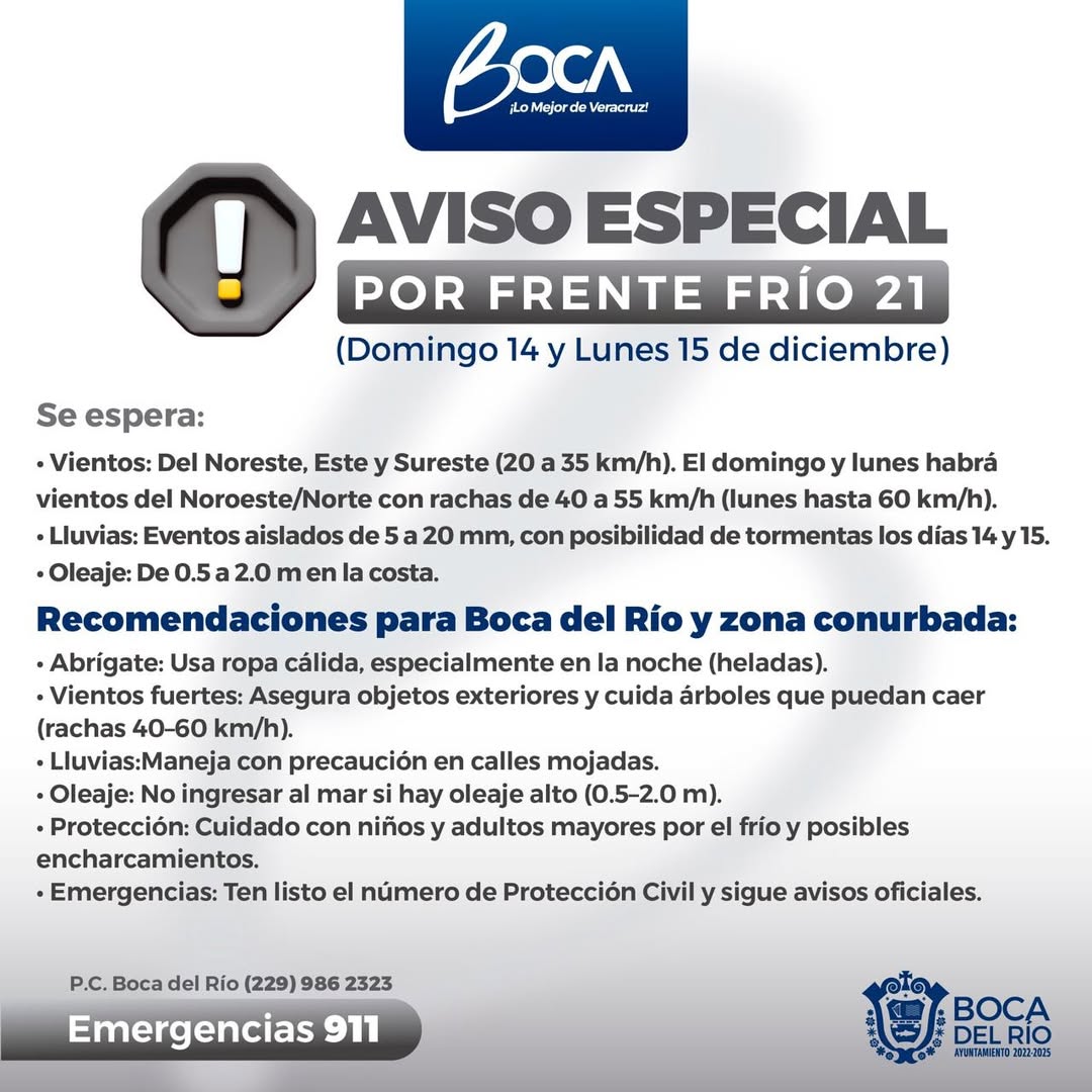 Emiten aviso especial por Frente Frío 21 en Boca del Río