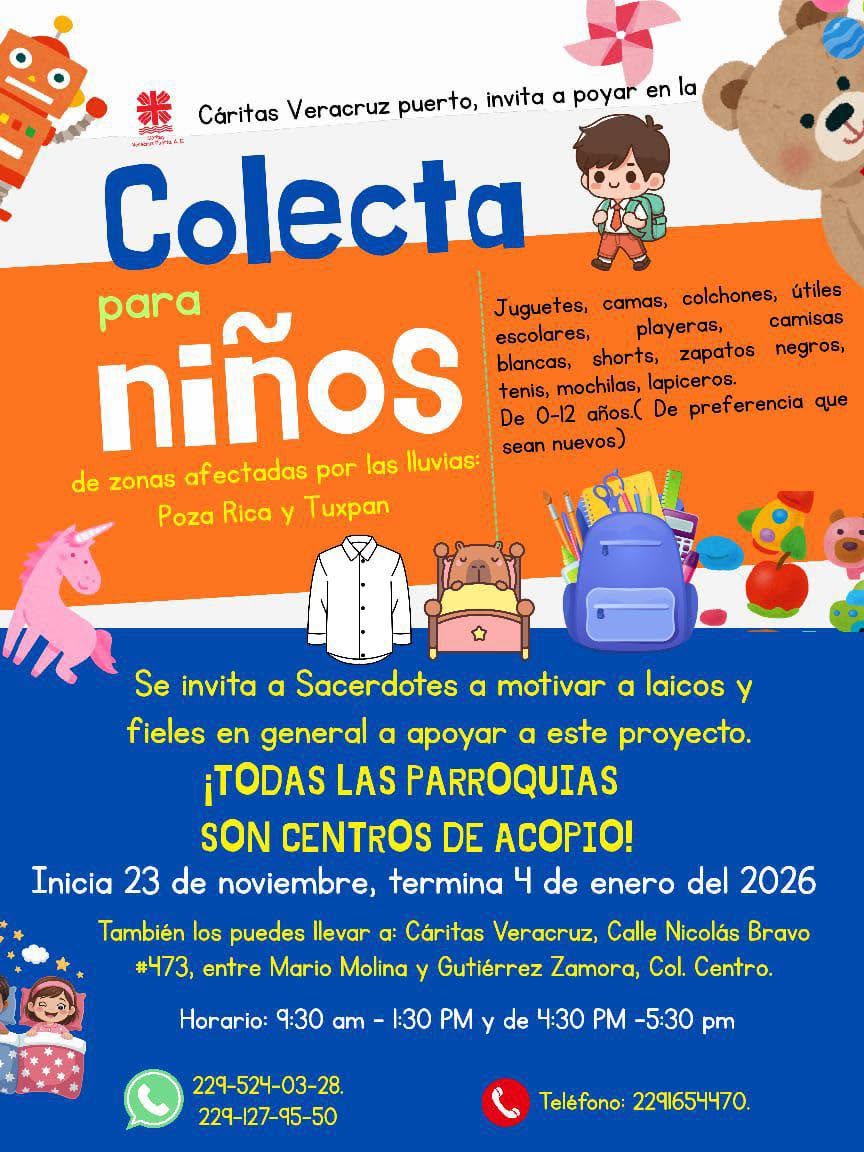 Cáritas Veracruz inicia colecta de juguetes para niños damnificados de Poza Rica y Tuxpan