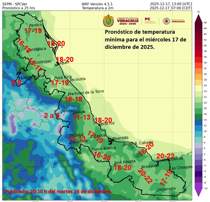 Xalapa y Orizaba amanecerán con 11 °C; Perote registrará mínimas de hasta 2 °C este miércoles