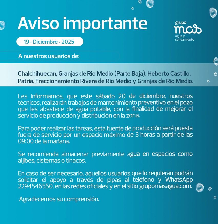 Corte de agua en Río Medio por mantenimiento este sábado