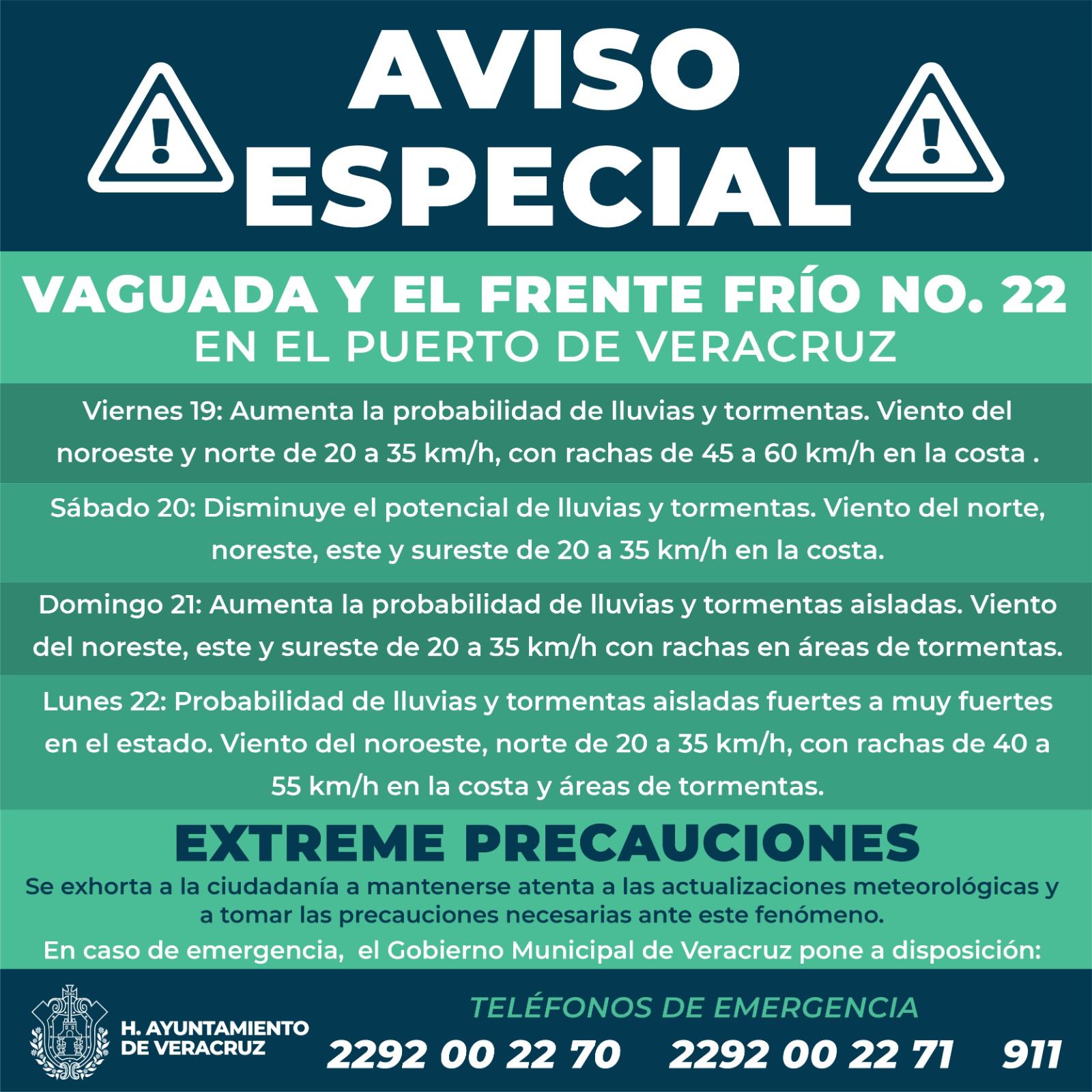 Aviso Especial: Frente Frío 22 y vaguada activan lluvias en Veracruz