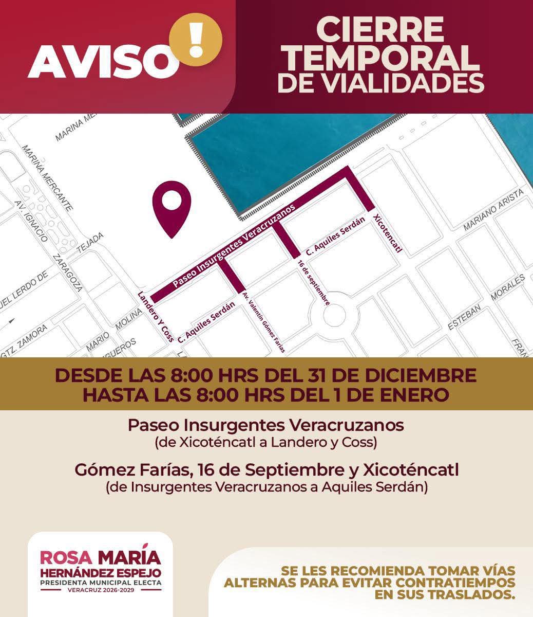 Habrá cierre de vialidades en el Centro Histórico de Veracruz este 31 de diciembre