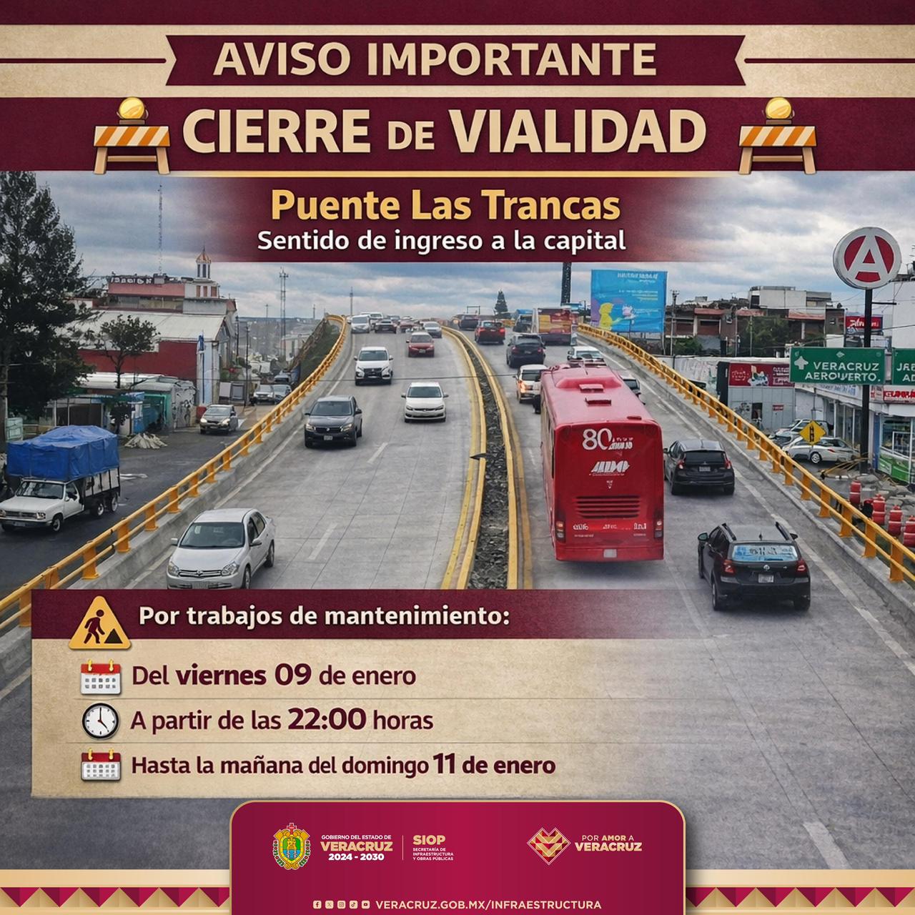 Cierre del puente Las Trancas en Xalapa: de viernes 22:00 h a domingo