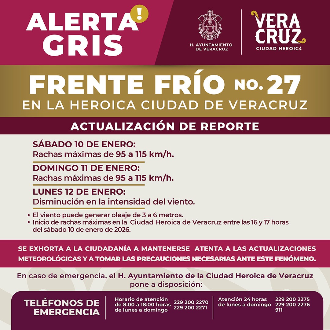 Alerta gris por efectos del Frente Frío 27 en zona conurbada Veracruz-Boca del Río