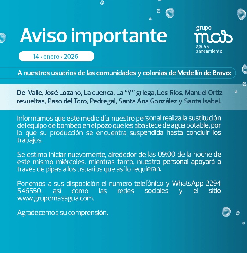 Suspensión de agua en Medellín de Bravo por cambio de equipo