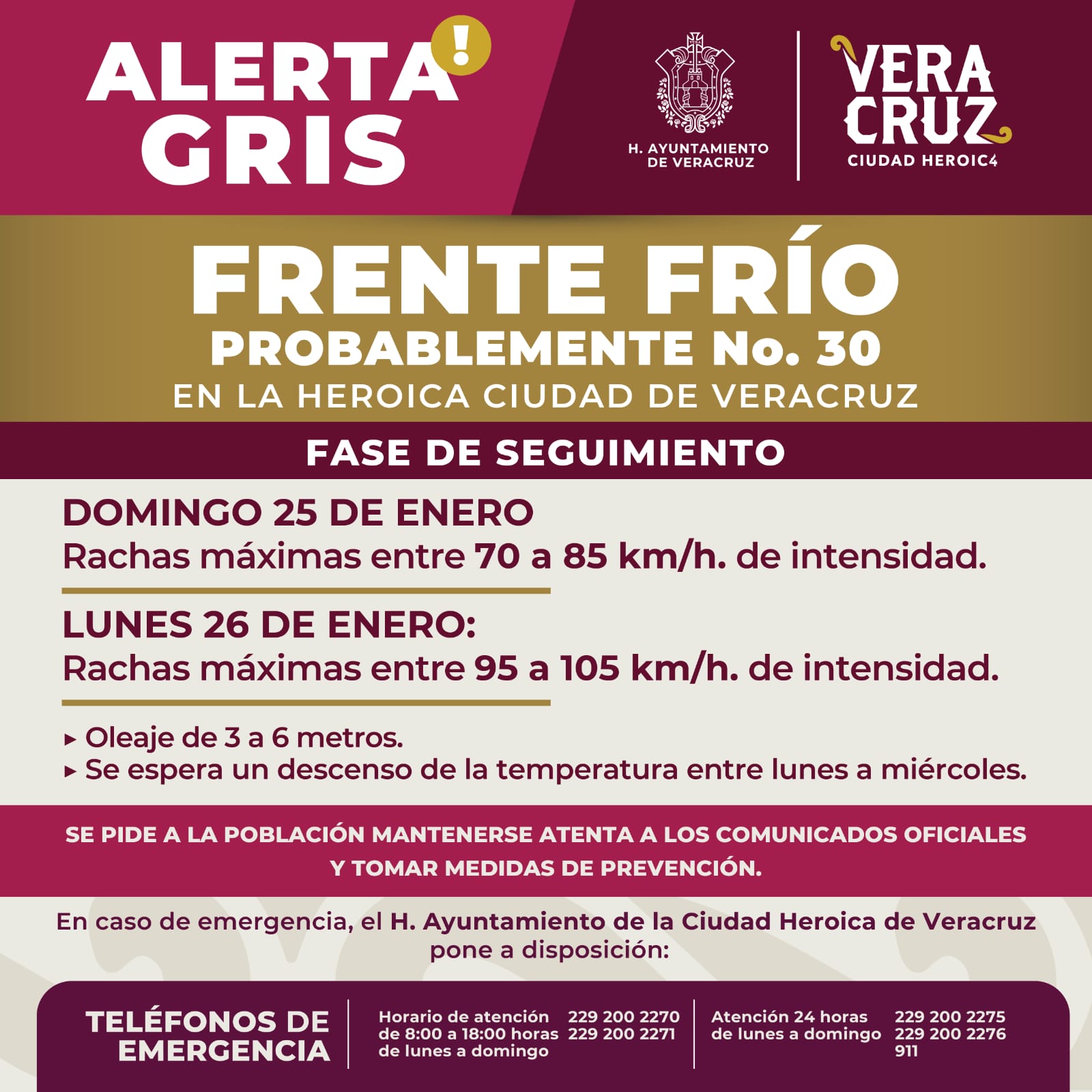 Alerta Gris por el Frente Frío (probable) número 30 en la ciudad de Veracruz