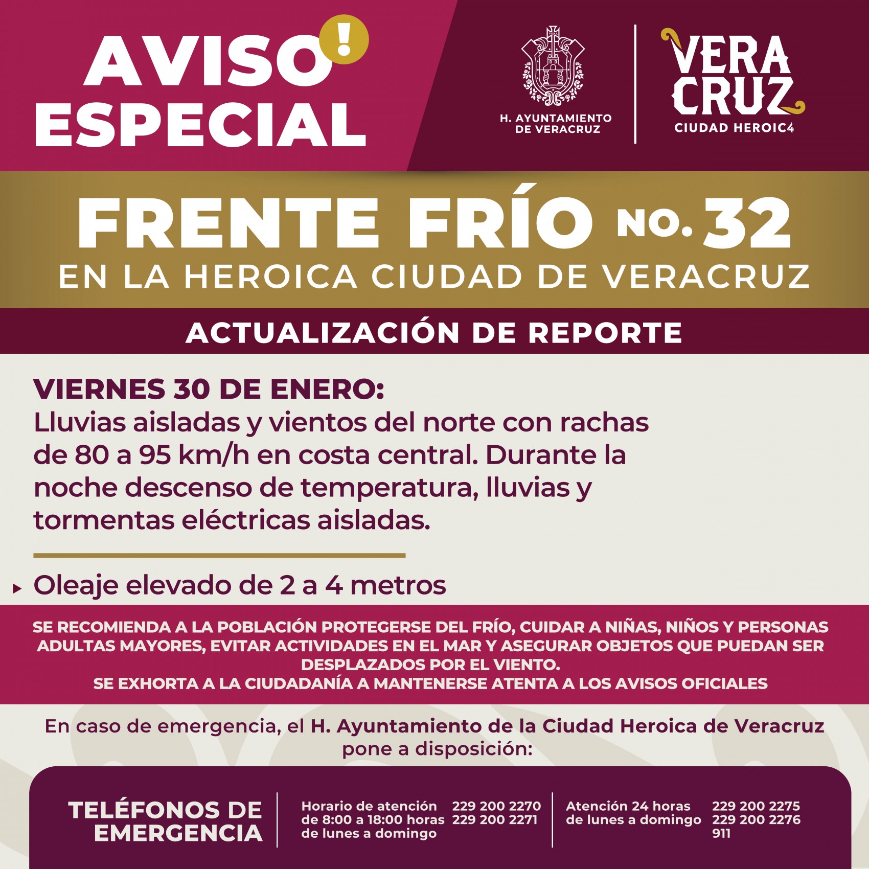Aviso especial por ingreso de Frente frío número 32 la noche de este viernes en la ciudad de Veracruz