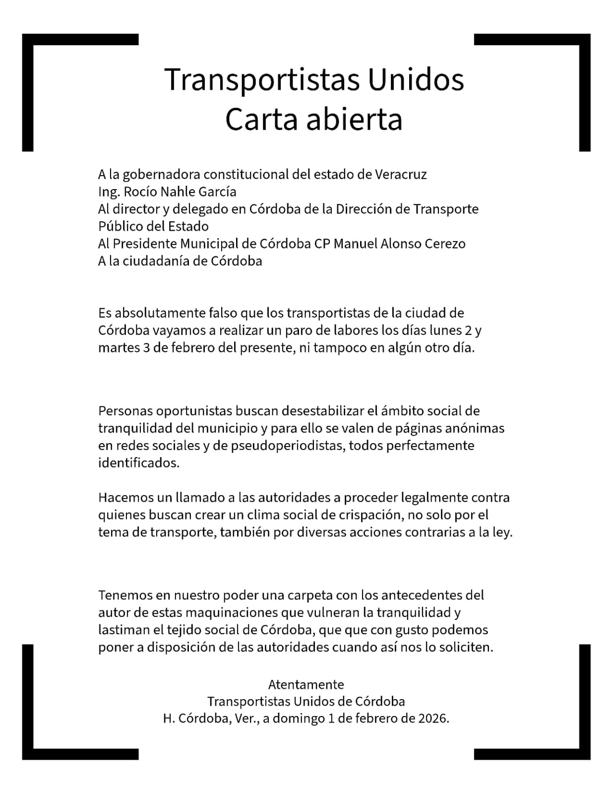 Transportistas de Córdoba desmienten paro de labores 1 y 2 de febrero