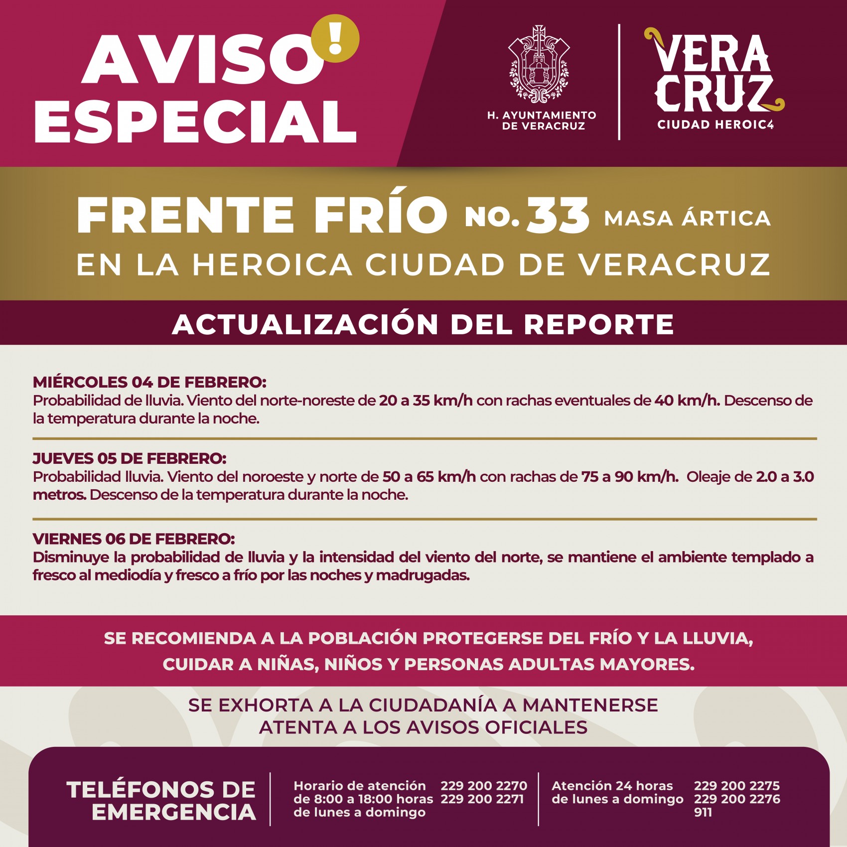 Frente Frío 33 activan aviso especial por norte y lluvias en Veracruz-Boca del Río
