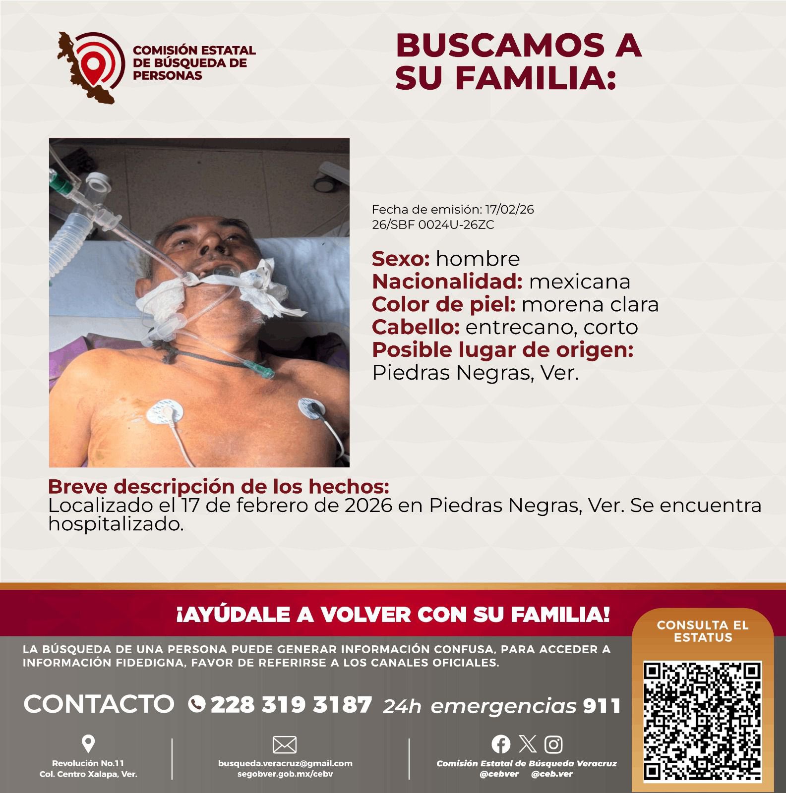 Buscan a familiares de adulto localizado en Piedras Negras