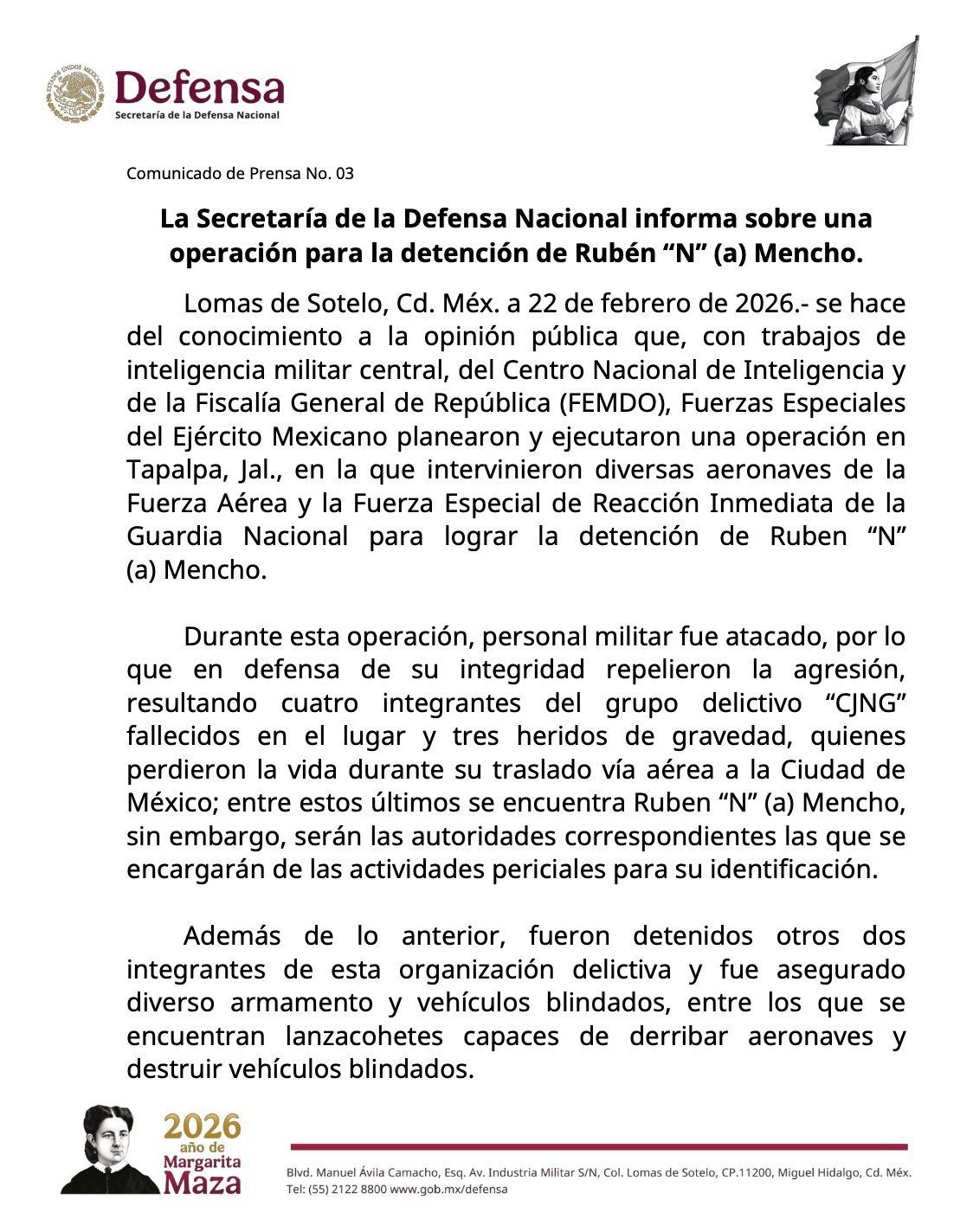 Sedena confirma muerte de “El Mencho” tras operativo en Jalisco; abaten a 7 presuntos integrantes del CJNG