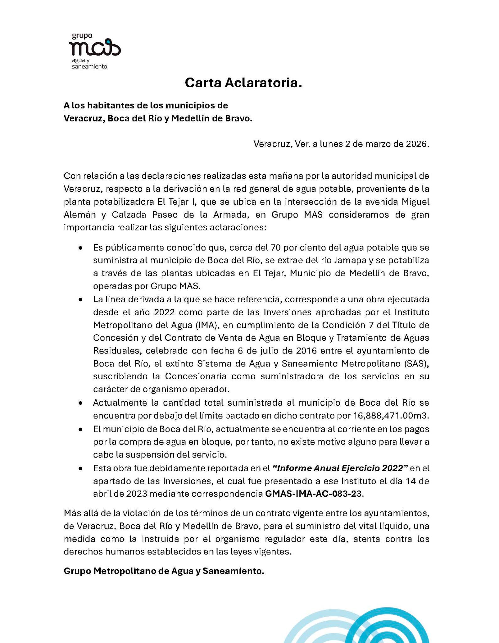 Grupo MAS descarta suspensión de agua a Boca del Río